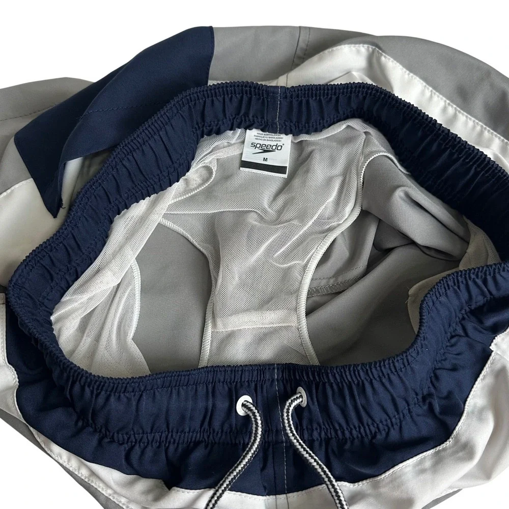 Speedo Swim Trunks Men Medium Grey Navy White Colorblock Mesh‎ Liner 7 Inch